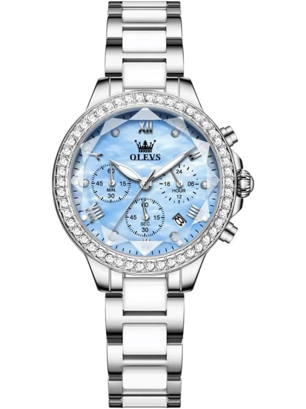 Women's Blue Silver Ceramic Diamond Chronograph Waterproof Casual Wrist Watch